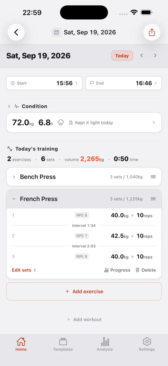 A day's workout: exercises, sets and total volume.