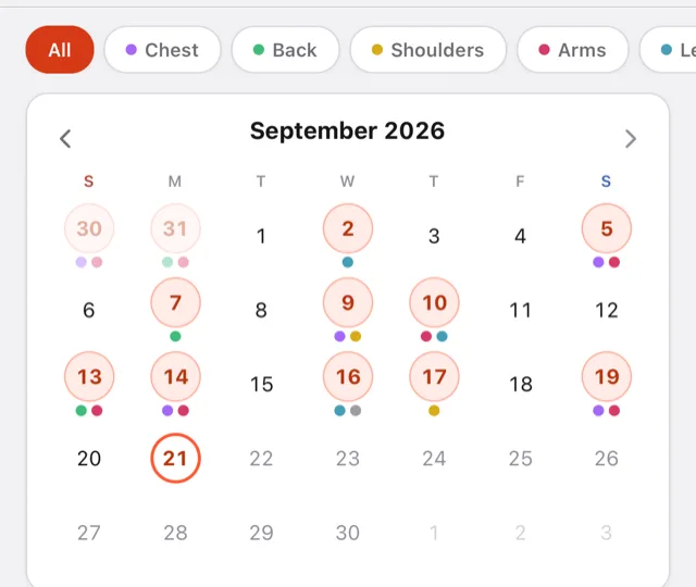 A month calendar with colored dots on the days that were trained.