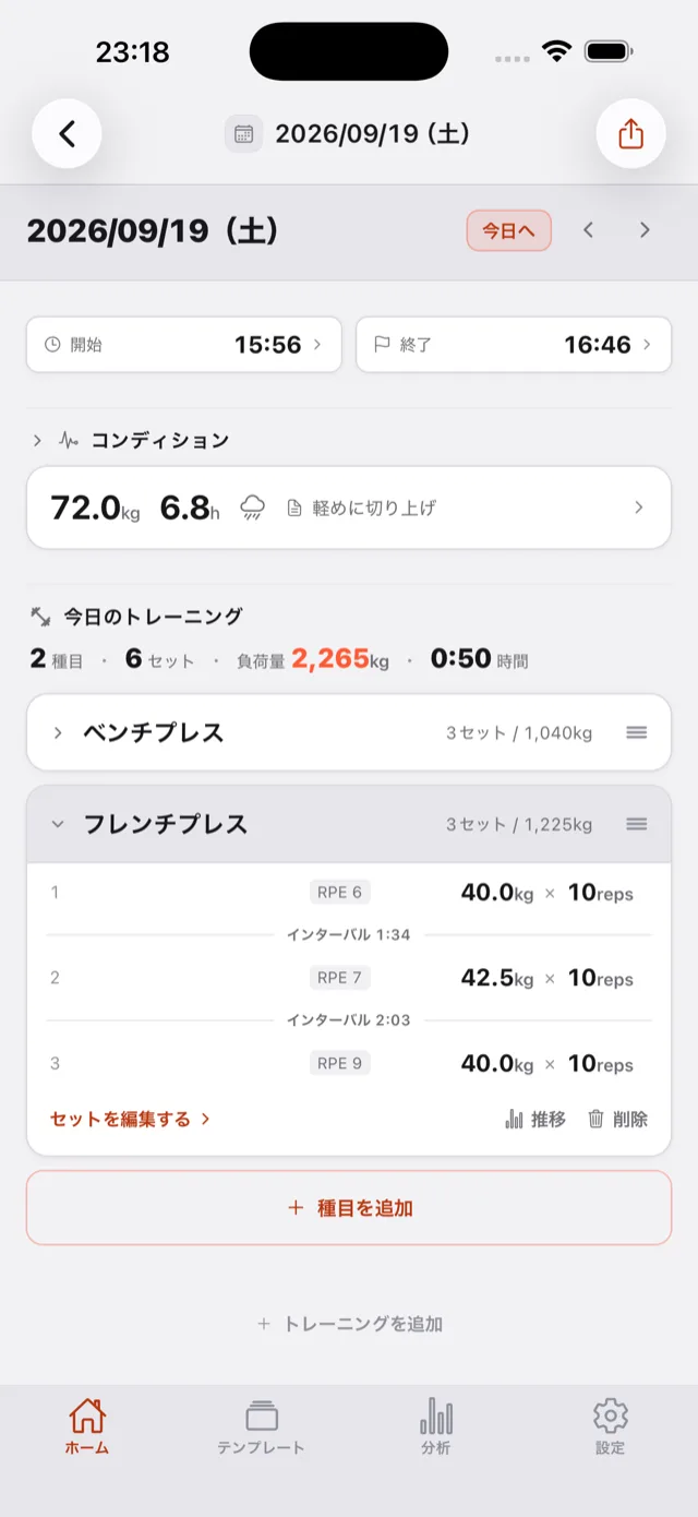その日のトレーニング記録。種目・セット・総負荷量。